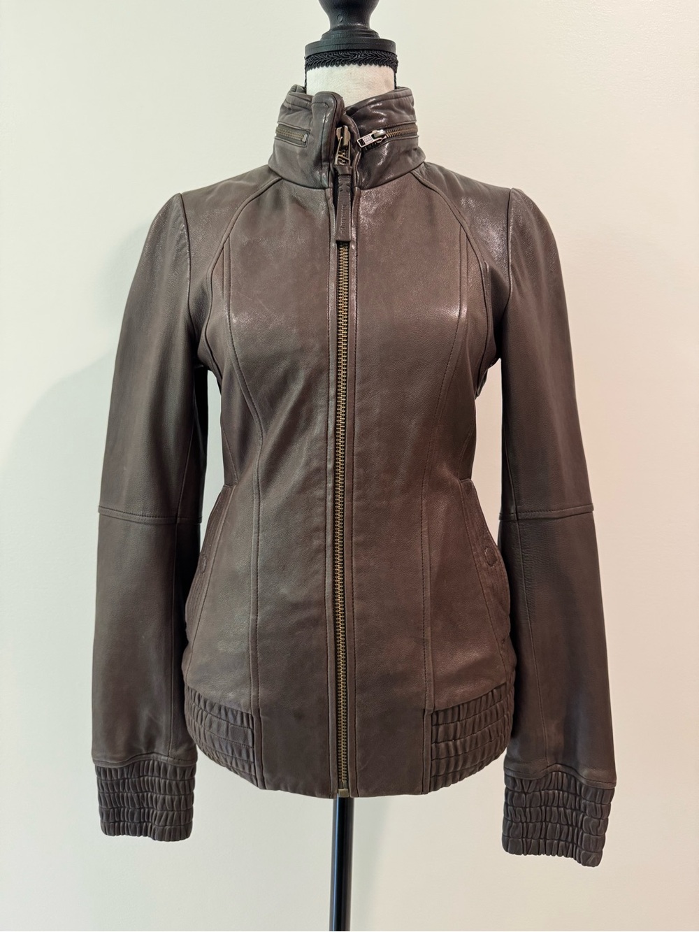 Mackage for Aritzia Lamb Leather Jacket Zip Hooded Brown XS Moto Zip